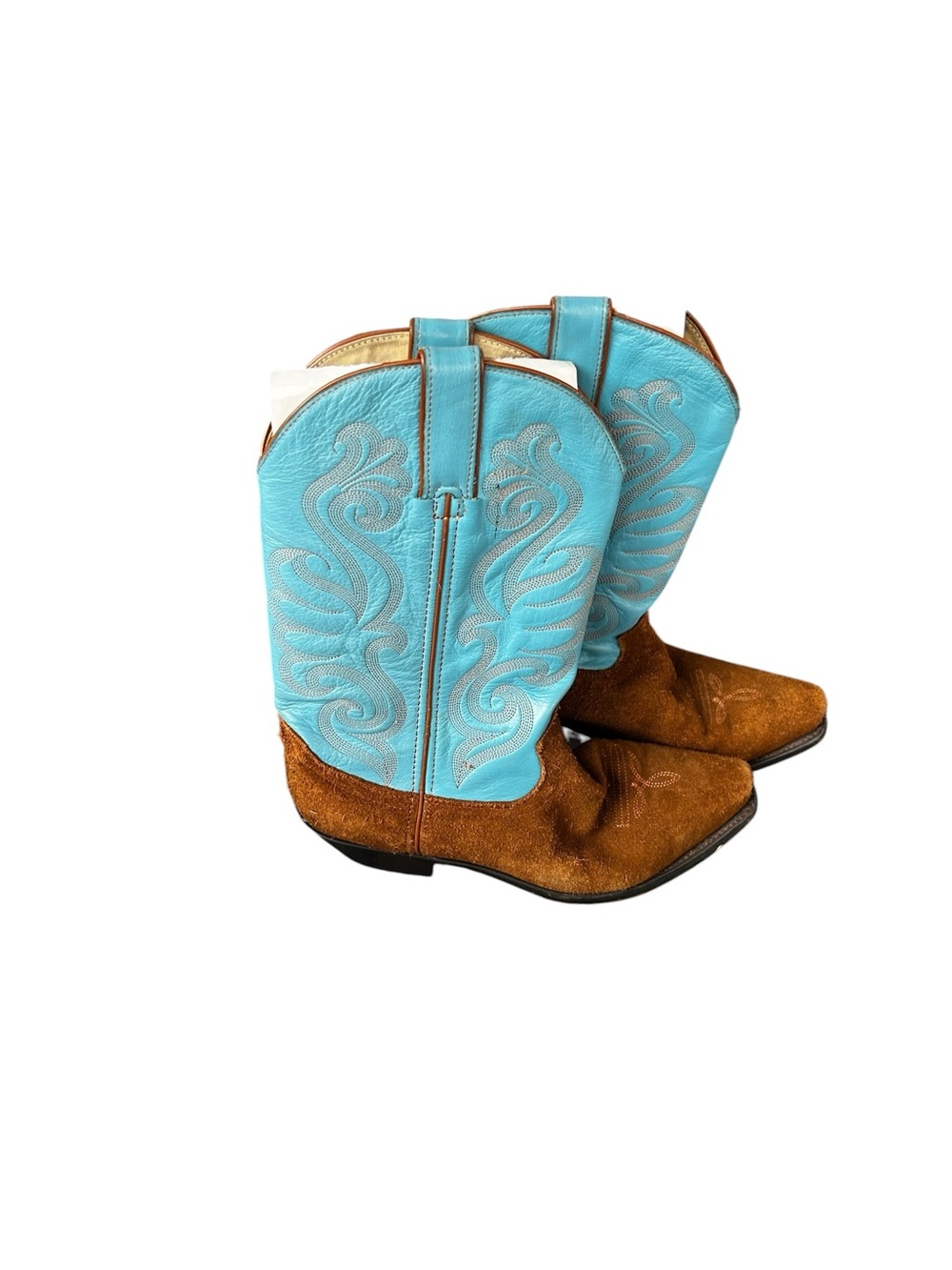 Durango Western Cowboy Boots with Turquoise Shaft and Brown Suede Foot - Picture 2 of 6